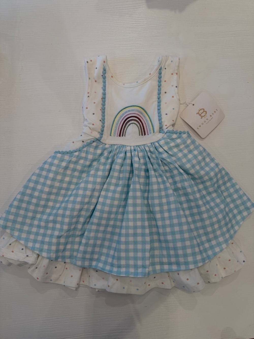 Swoon Boutique Blue Gingham Rainbow Applique Dress